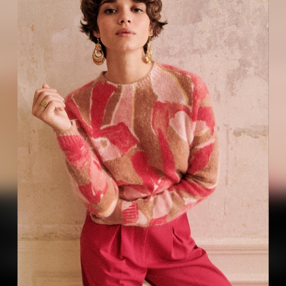 Sezane Alizee Wool/ Kid Mohair Pink and Tan Sweater - Picture 2 of 10
